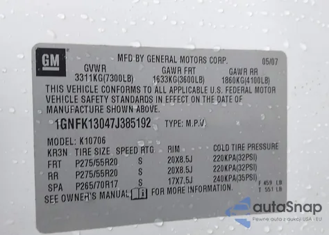 2007 Chevrolet Tahoe Ltz из США, поврежденный, VIN 1GNFK13047J385192